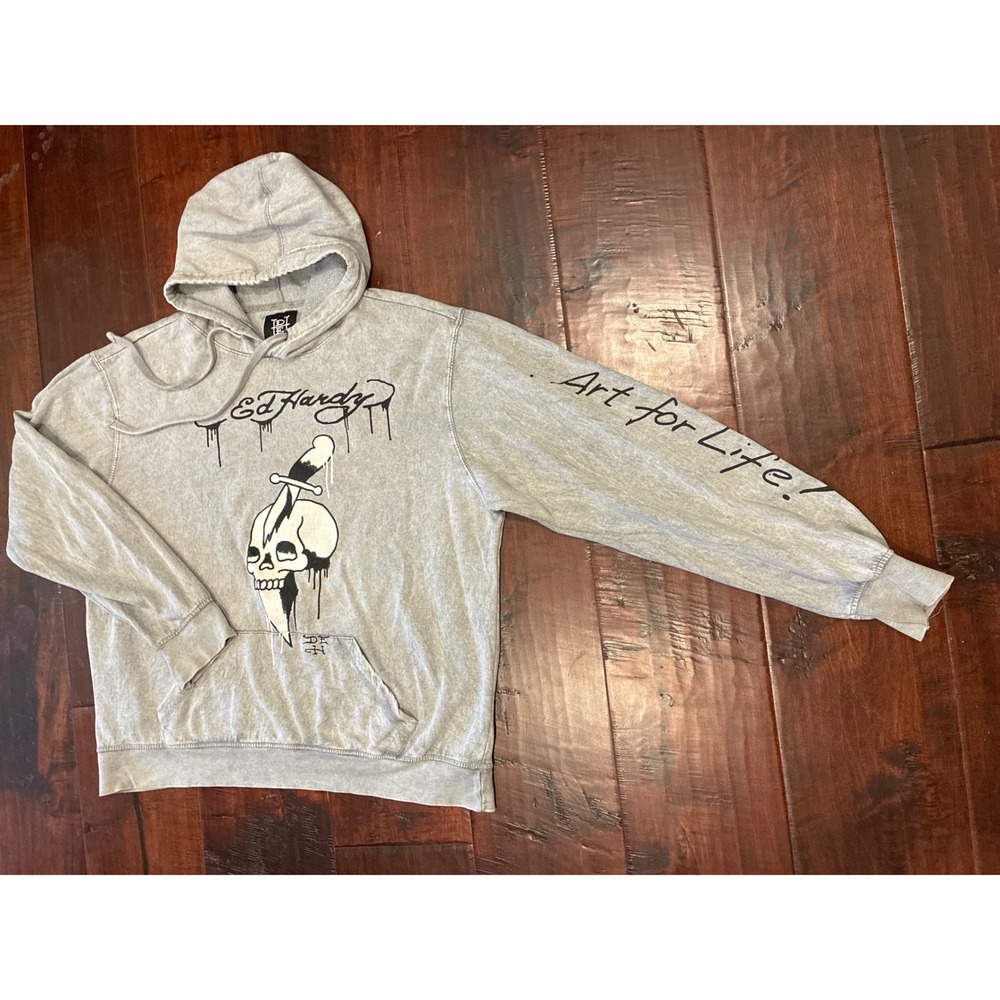 Ed Hardy Hoodie Mens Medium Grey Acid Wash Skull Dagger Art For Life Graphic